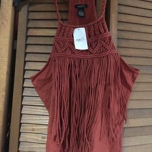 Copper color tank top with fringe in the front