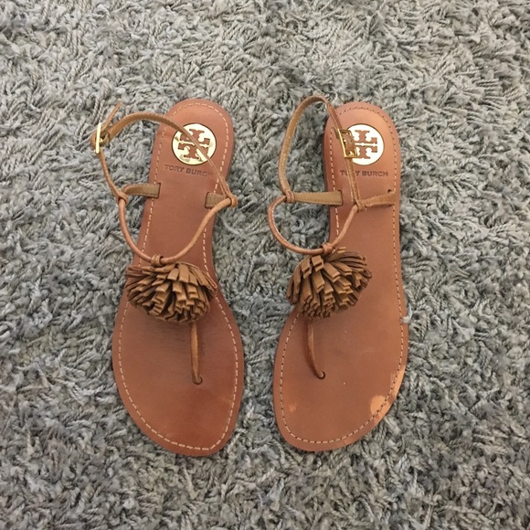 Tory Burch Tan Pom Pom T-Strap Sandal