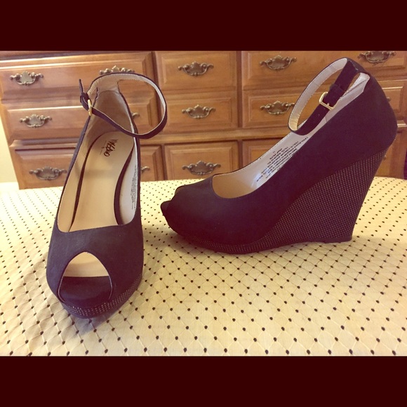 Black suede wedge peep toe heels