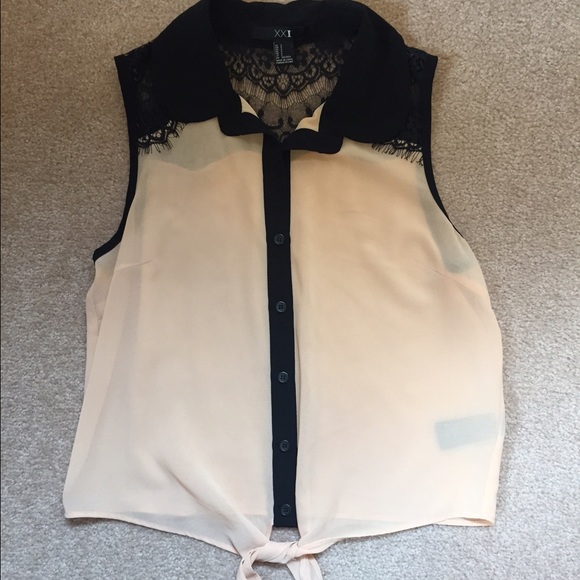 F21 sleeveless lace button up