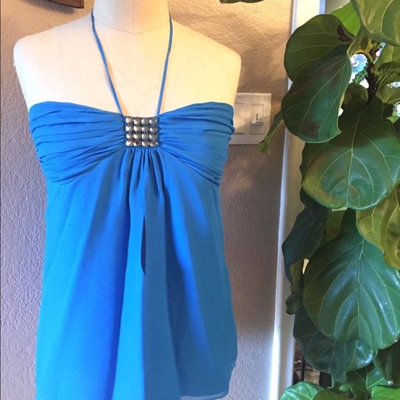 Rock & Republic Silk Halter Top with Slit & Stones