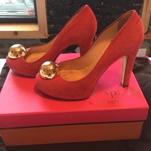 Kate Spade Red Suade heels with Gold Detail