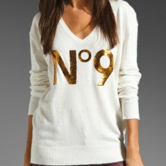 WildFox White Gold Sequin No 9 V-Neck Sweater NWT