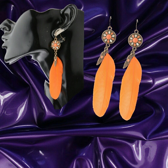 Vintage Boho Style Orange Feather Earrings - Picture 2 of 5