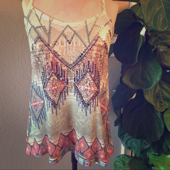 Tribal Print Racerback Knit Tank Top with Sequins