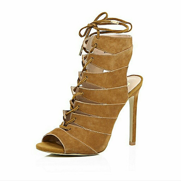 RIVER ISLAND Brown Suede Lace-up Heels