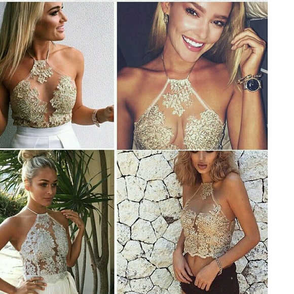 SEXY GOLD LACE backless halter top +G-String