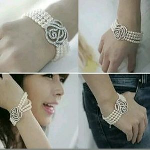 Layered Rose Flower Crystal Pearl Bangle Bracelet