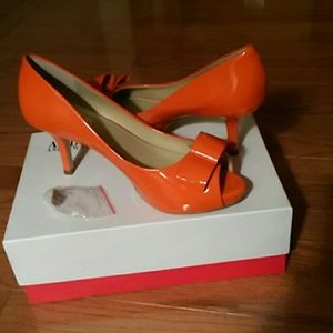 Orange Patent Peep Toe Hills with  Cute Bow.