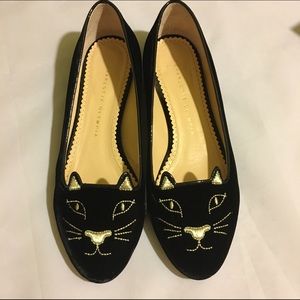 Charlotte Olympia Kitty Embroidered Velvet Flats
