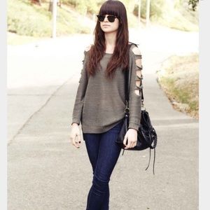 LF Olive Green Sweater With Shoulder Cutouts