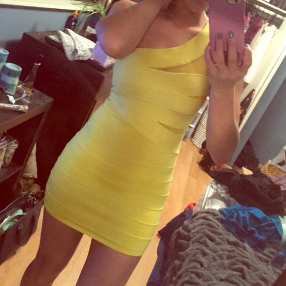 NastyGal Yellow bandage dress with mesh inserts