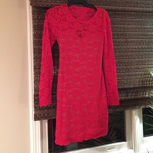 Express red lace illusion neck & open back dress