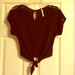 Black short sleeved crop top with gold buttons