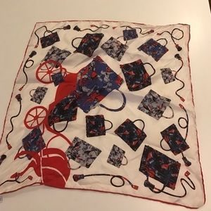 White Silk scarf w blue/red Hermes Kelly bag print