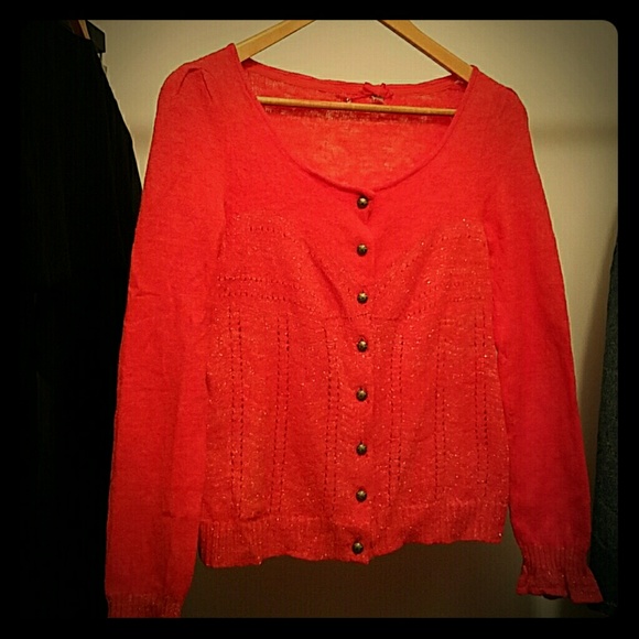 Anthropolgie Orange Cartigan w gold details