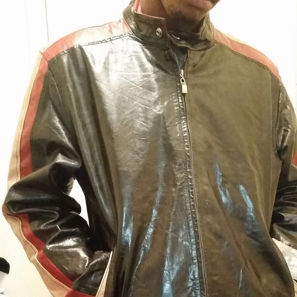 Glossy Leather Jacket with Striped Sleeves