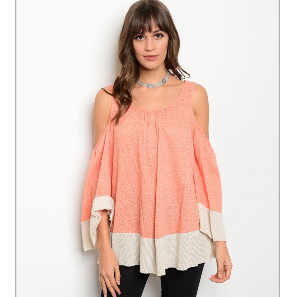 Coral Cold Shoulder Bell Sleeve Top
