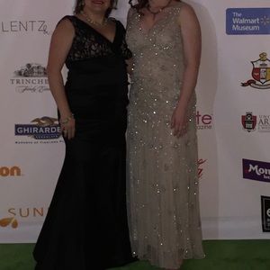 Pisarro Nights beige and silver beaded gown