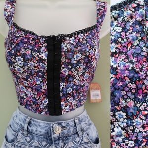 Purple floral print bustier crop top