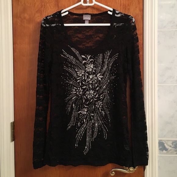 Vanity black lace sparkle glitter long sleeve top