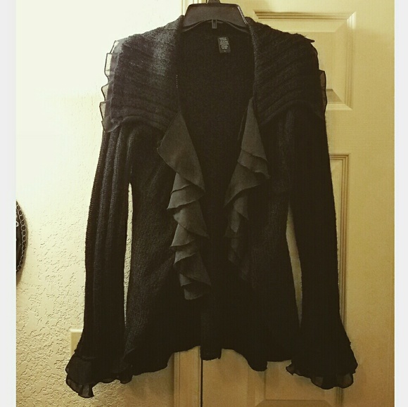 Free People Sweaters - Black Ruffled Cardigan Sweater Ruffles Gothic L Free People Sweaters - Black Ruffled Cardigan Sweater Ruffles Gothic L