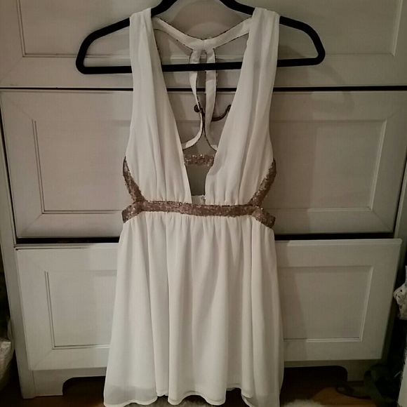 Tobi White and Gold Sequin Plunging Dress