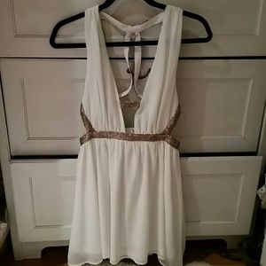 Tobi White and Gold Sequin Plunging Dress