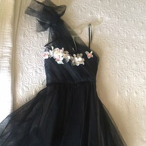 BCBG Black tulle organza gown dress one shoulder