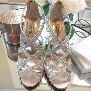 Badgley Mischka Embellished Blush Satin Heels