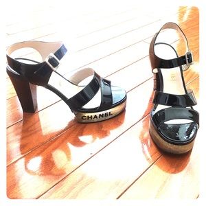 Chanel Size 37 Black Patent Leather and Clear Pump