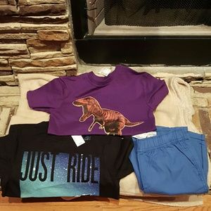 Two Children's Place t-shirts, blue cargo shorts