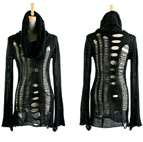 Punkrave Sweaters - Black Distressed Mohair Sweater Gothic Punk Grunge Punkrave Sweaters - Black Distressed Mohair Sweater Gothic Punk Grunge