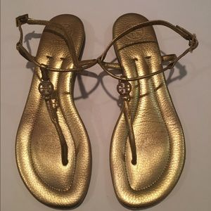 Tory Burch T-Strap Sandals in Gold Leather