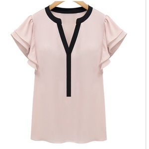 Pink Ruffle Short Sleeve Shirred V-neck Blouse