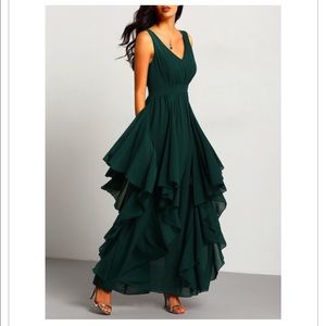 Green Deep V Neck Maxi Chiffon Dress