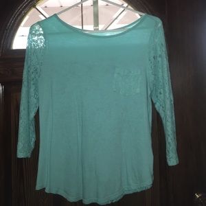 Blue Top with lace sleeves and back