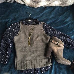 J Crew ruffled button down blouse and sweater vest