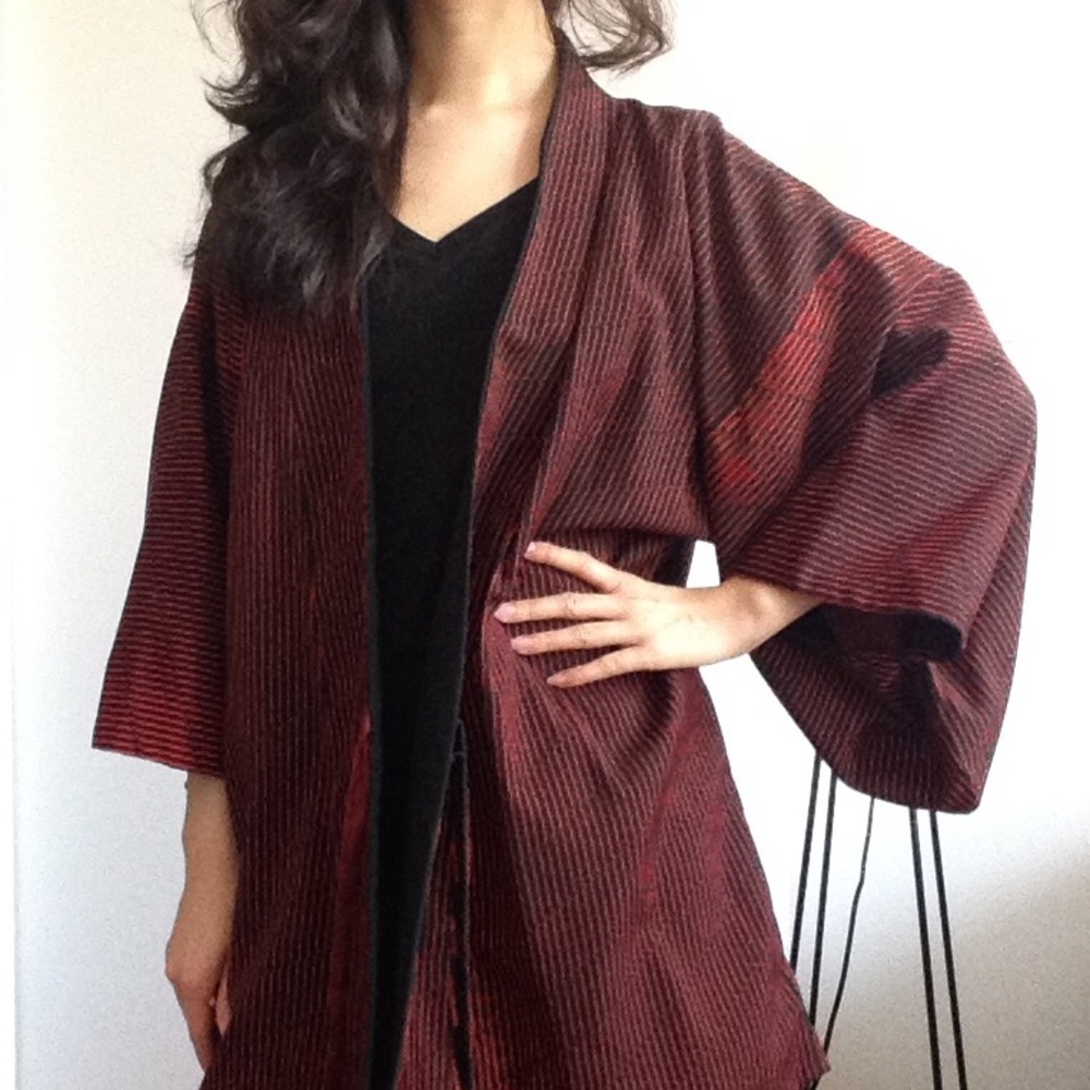 Red Black Kimono Bathrobe Top Tie Front One Size