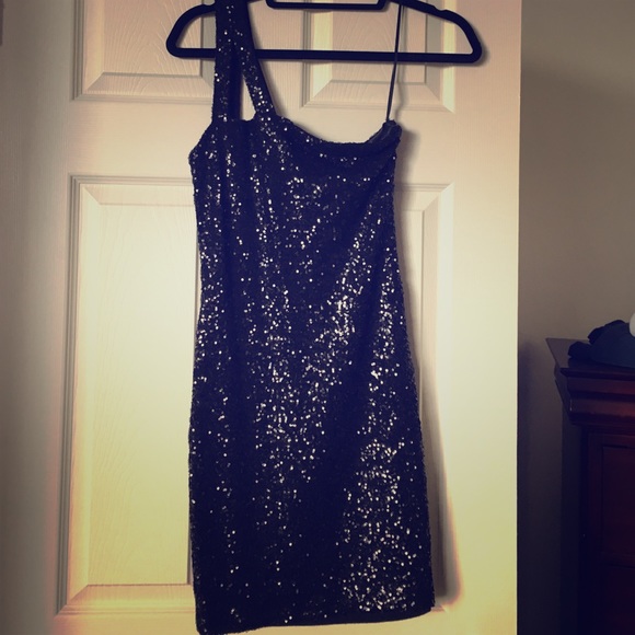 Aqua black sequin one shoulder dress