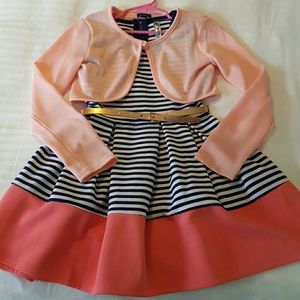 Girls 7 navy/white striped w/coral band dress w/sh