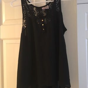 Black tank top blouse with lace & cutout back