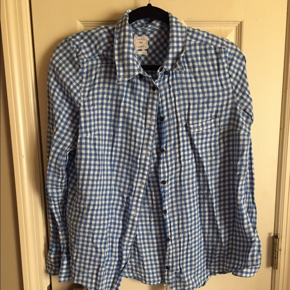 Blue and White Plaid Boyfriend Blouse.
