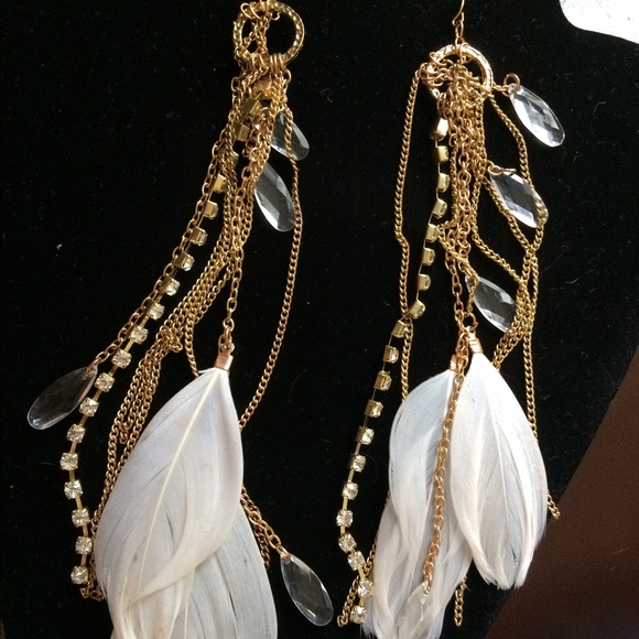 Long gold feather diamond earrings