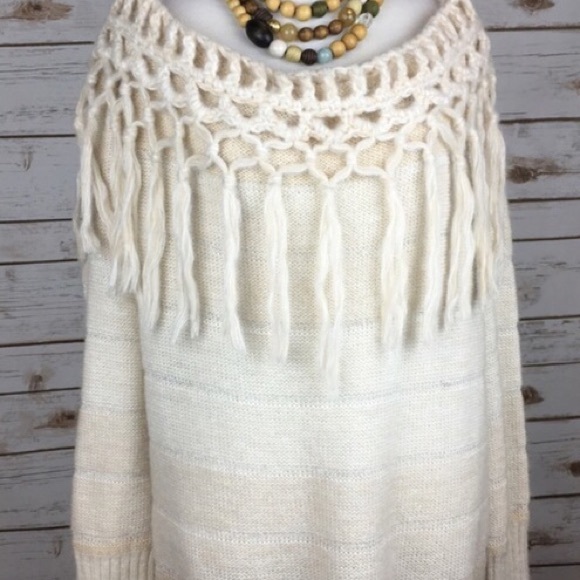 New Free People fringed off shoulder tunic sweater