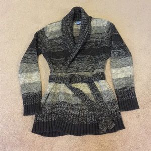 Black and gray heavy knit striped cardigan sweater