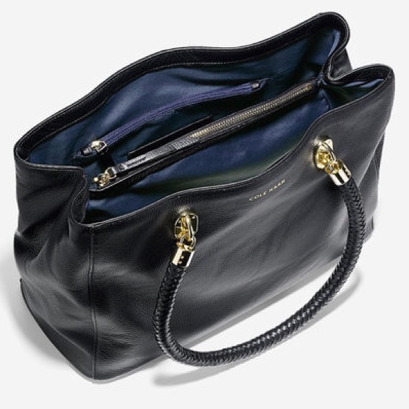 NEW Cole Haan Benson Black Leather Tote Gold Bag - Picture 2 of 4
