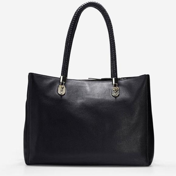 NEW Cole Haan Benson Black Leather Tote Gold Bag - Picture 3 of 4