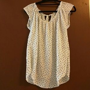 Ruched neck cream colored polkadot layering blouse