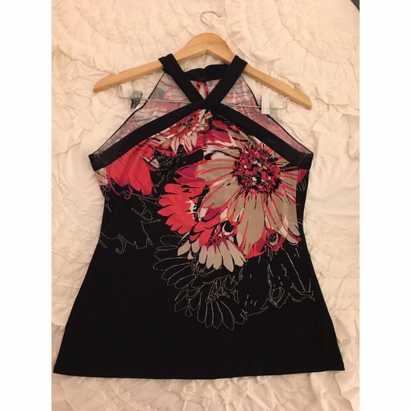 Tahari Black Top with Red Florals